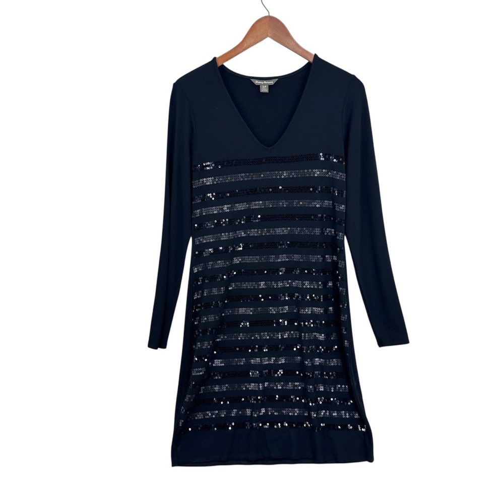 TOMMY BAHAMA Dress Long Sleeve Sequined Stretch V-Neck Black